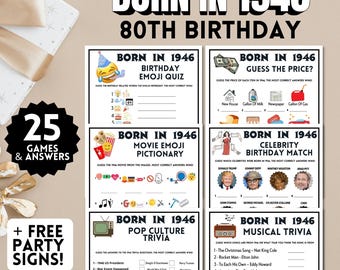 Pode incluir: Um conjunto de jogos de festa para um 80º aniversário, com o tema do ano de 1946. A imagem apresenta vários formatos de questionários, incluindo emojis, filmes e trivia musical, com o texto "Born in 1946" e "80th Birthday".