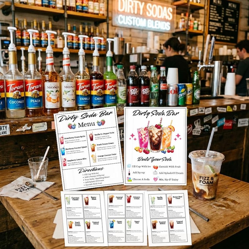 printable dirty soda bar sign template and menu bundle with extra graphics and 30 dirty soda recipes perfect for making your own diy dirty soda station edit on canva with a free account and print instantly great for birthdays, showers, graduation and more