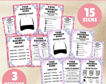 Trendy Trucker Hat Bar Canva Template | Editable Printable Design Your Hat Price List Payment Instructions Thank You Cards And Signs