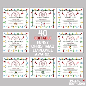 Certificats de récompense de Noël pour les employés | Etiquettes cadeaux imprimables drôles pour collègue | Cadeaux de reconnaissance modifiables pour le bureau