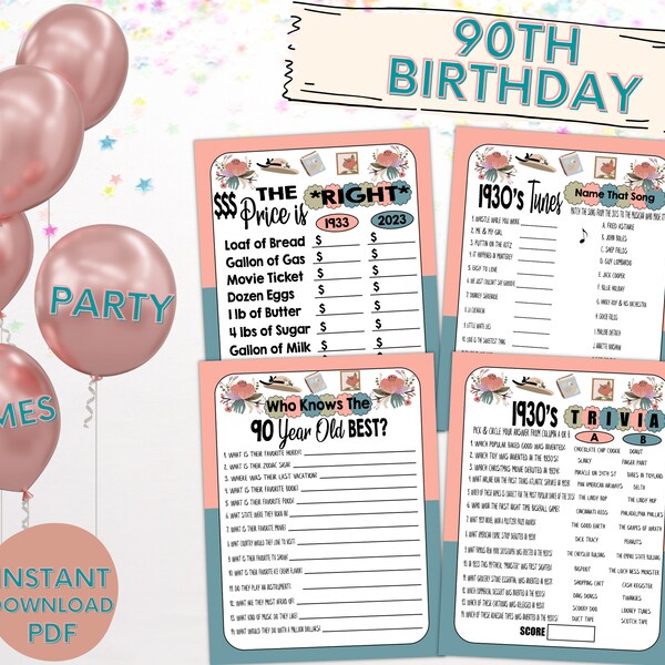 presents 90 year old lady 90th Birthday Party Games, 90th Birthday Ideas, 1933 Trivia Game, Price is Right Birthday Game, Trivia Printable Games, Instant Download