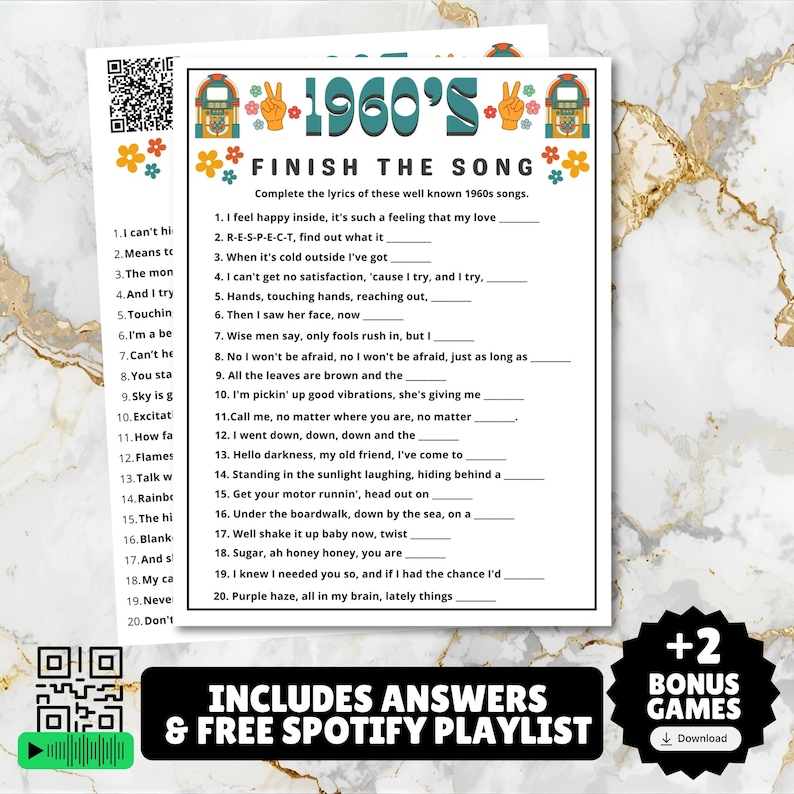 printable 1960s themed finish the song, find a guest who music icebreaker game, and 1960s emoji pictionary printable games with answers and Spotify playlist great for birthdays, seniors, church, classroom and baby showers or wedding showers.