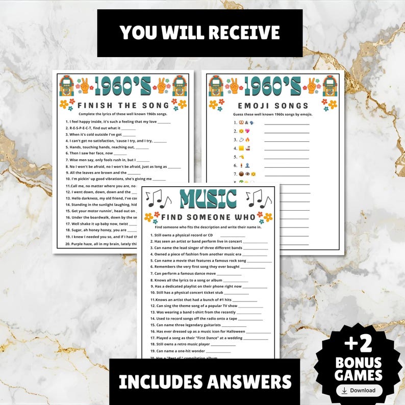 printable 1960s themed finish the song, find a guest who music icebreaker game, and 1960s emoji pictionary printable games with answers and Spotify playlist great for birthdays, seniors, church, classroom and baby showers or wedding showers.