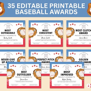 Printable Editable Baseball Team End Of Season Award Certificates | Baseball T-Ball Team Party Awards Bundle | DIY Kids Award Template