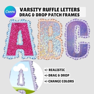 Ruffle Outline Varsity Patch Alphabet Canva Frame Letters | Preppy Frill Drag & Drop Letters Template | Custom DIY A-Z Designs Pngs