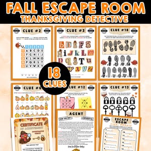 May include: A collection of Thanksgiving-themed escape room game clues. The image features various puzzles, including letter codes, matching games, and a certificate of achievement. The title reads "Fall Escape Room Thanksgiving Detective."