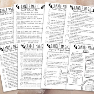 May include: A set of six black and white printable guides for candle magic. The guides cover candle colors and uses, candle flame divination, preparing a spell candle, and the basics of candle magic.