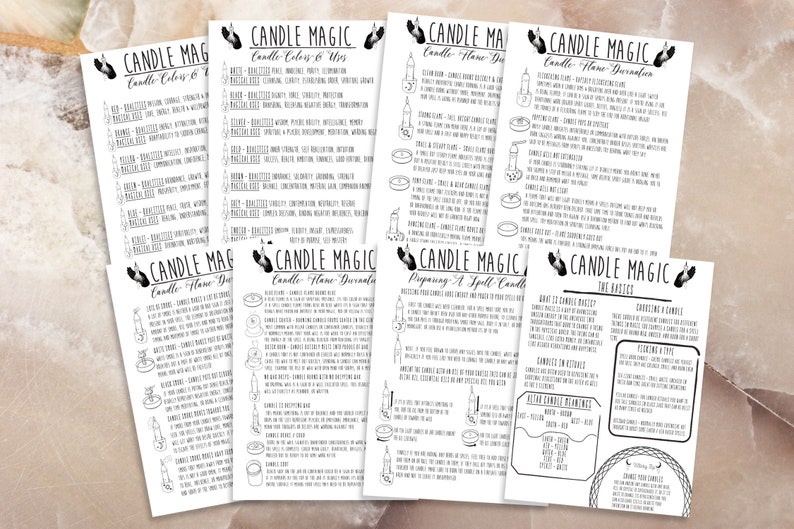 May include: A set of six black and white printable guides for candle magic. The guides cover candle colors and uses, candle flame divination, preparing a spell candle, and the basics of candle magic.