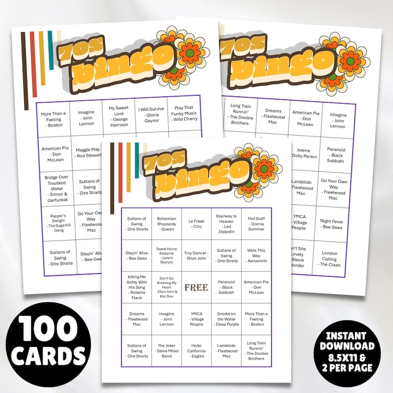 1970s music playlist bingo game 100 unique printable cards plus a Spotify music playlist of the 1970s top 50 greatest hits