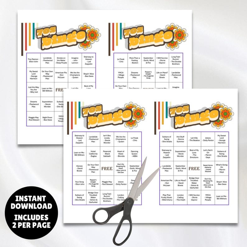 1970s music playlist bingo game 100 unique printable cards plus a Spotify music playlist of the 1970s top 50 greatest hits