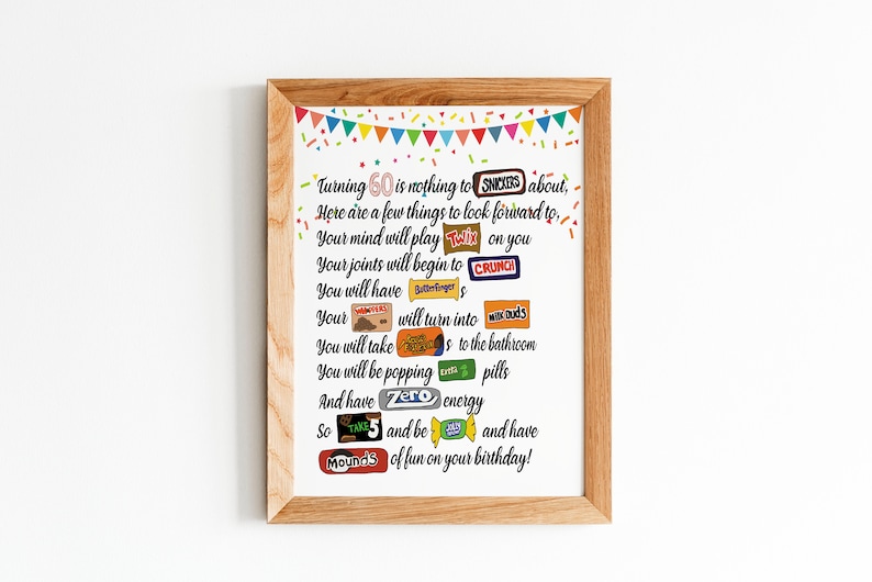May include: A humorous birthday card with a white background and colourful confetti. The card features a poem about turning 60, with candy bar names incorporated into the text. The text reads: "Turning 60 is nothing to SNICKERS about, Here are a few things to look forward to, Your mind will play TWIX on you, Your joints will begin to CRUNCH, You will have BUTTERFINGER's, Your will turn into 100 GRAND's, You will take SKITTLES to the bathroom, You will be popping EXTRA pills, And have ZERO energy, So TAKE 5 and be and have MOUND'S of fun on your birthday!"