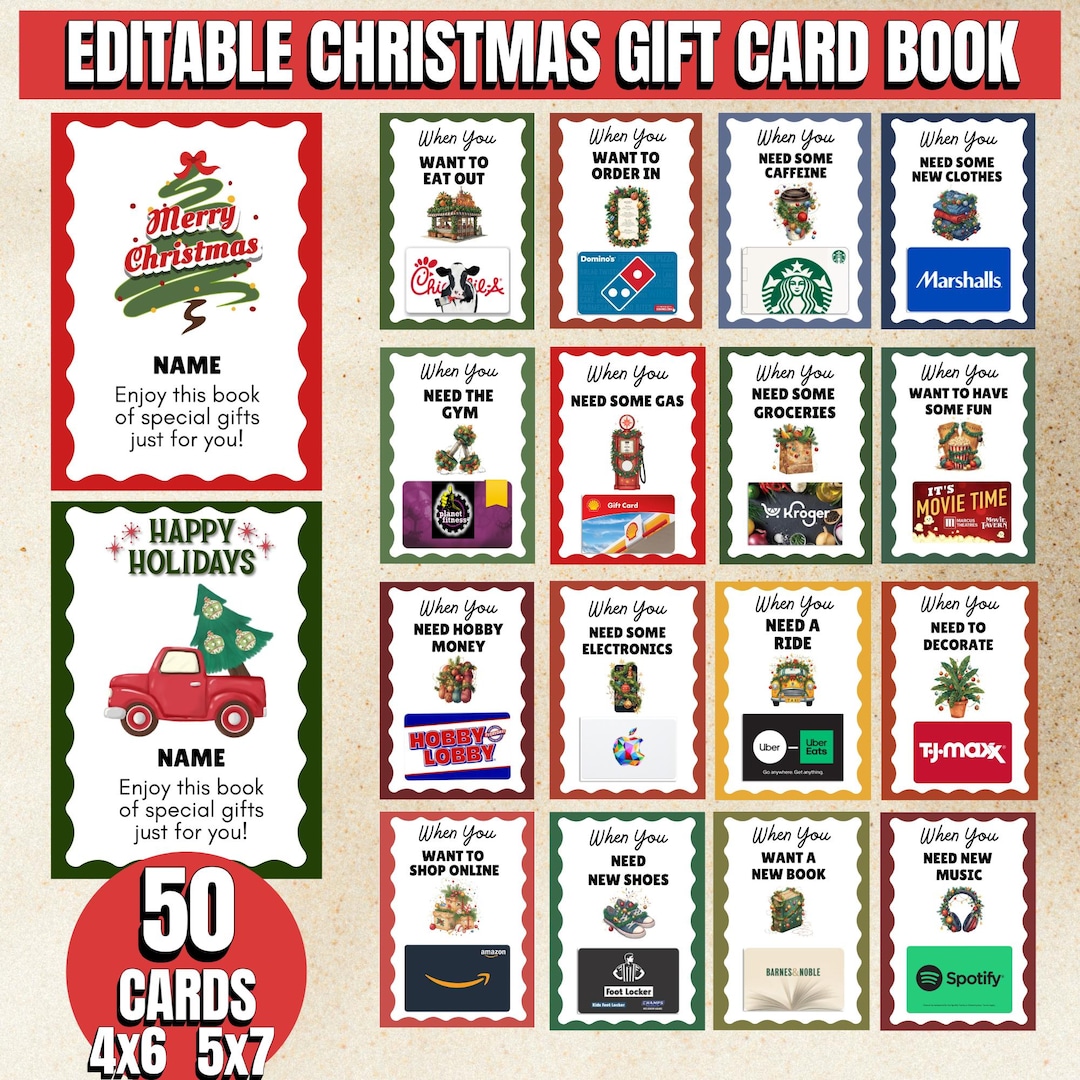 Editable Christmas Gift Card Book Template, 50 Printable Gift Card
