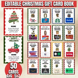 May include: An editable Christmas gift card book with 50 cards in 10x15cm and 13x18cm sizes. The book features gift cards for various occasions, including dining, shopping, and entertainment. The cover reads "Merry Christmas" and "Happy Holidays".