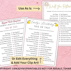 May include: Two printable game cards with a pink background and a floral design. The cards are titled "Would You Rather" and "This or That". The cards feature a list of questions about the Bible and are designed for a women's ministry program.