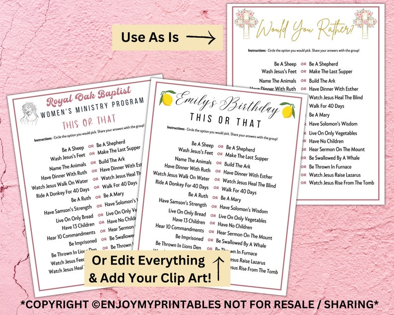 May include: Two printable game cards with a pink background and a floral design. The cards are titled "Would You Rather" and "This or That". The cards feature a list of questions about the Bible and are designed for a women's ministry program.
