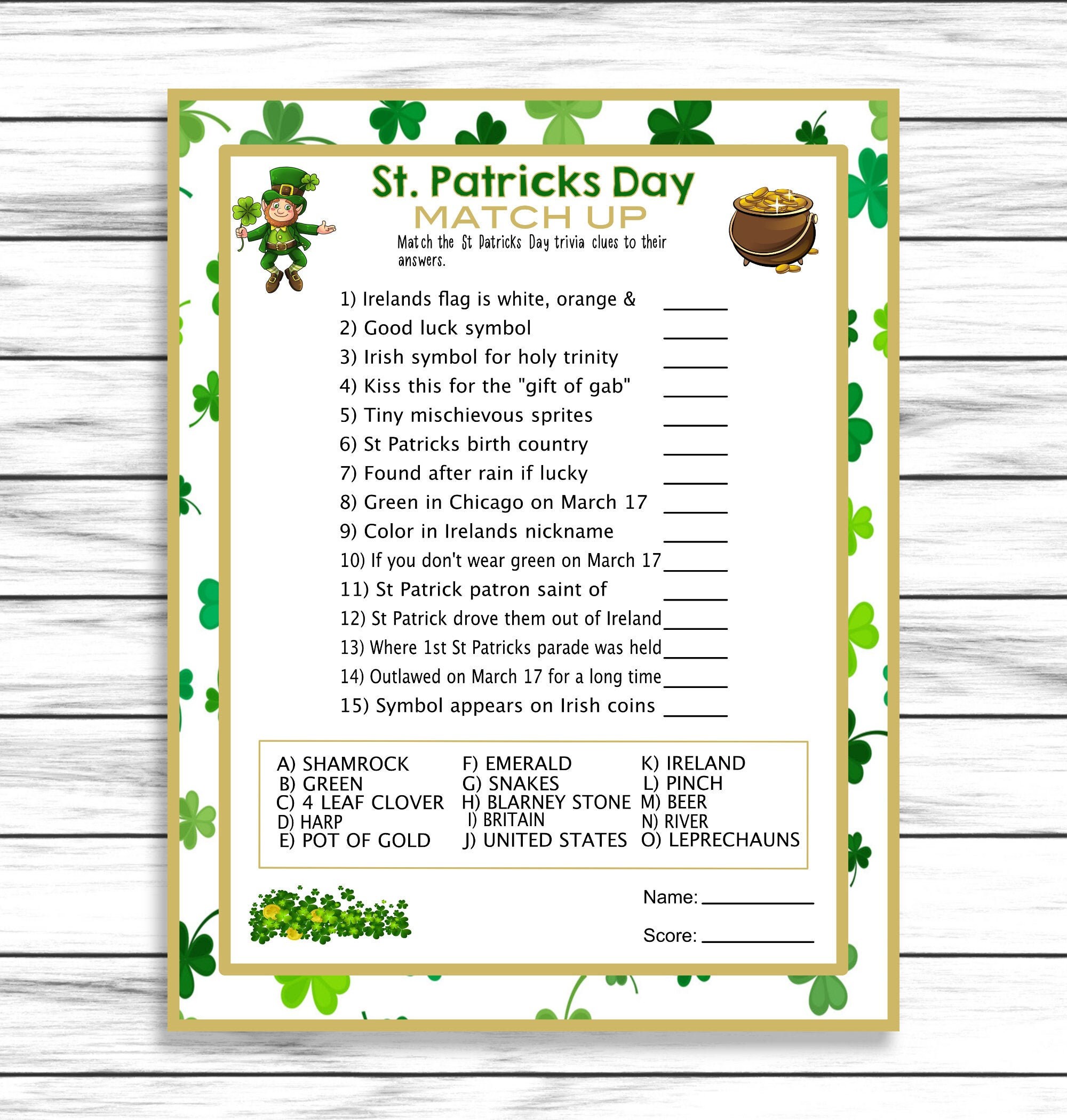 St Patricks Day Trivia Matching Game, St Patricks Day Game, St Patricks Day  Party Game, St Patricks Day Printable Game, Instant Download