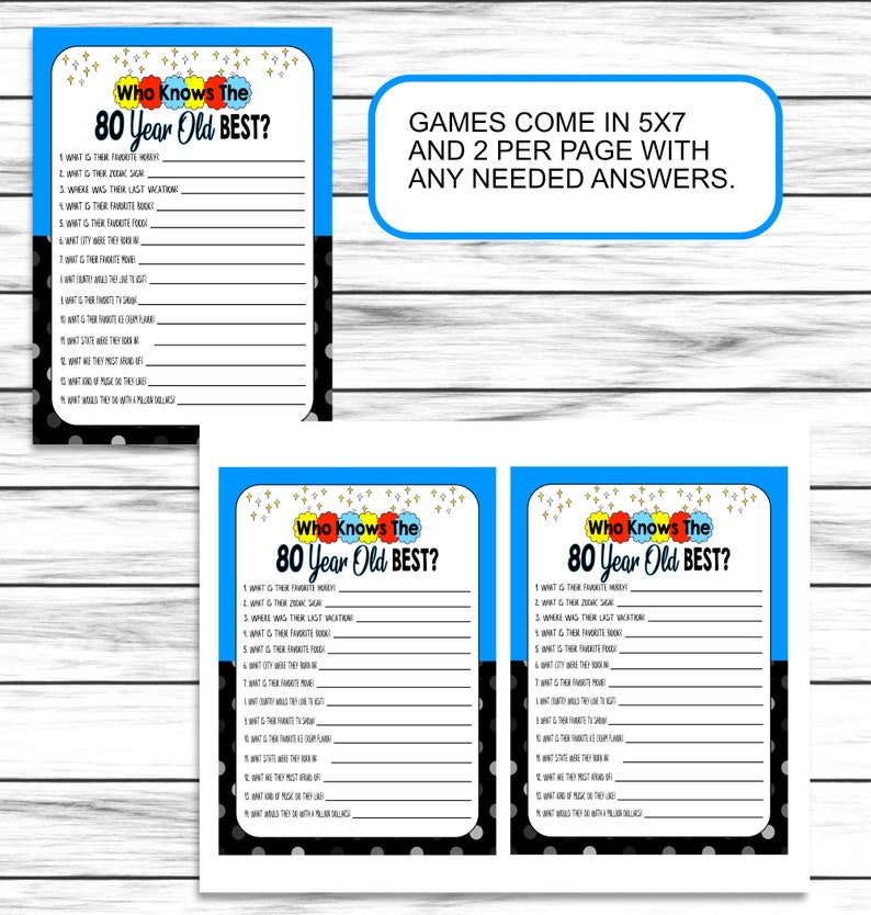 May include: Two black and white printable game cards with blue and yellow accents. The cards have the text "Who Knows The 80 Year Old Best?" and a list of questions to ask about the person celebrating their 80th birthday.