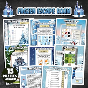 Pode incluir: Uma coleção de 15 quebra-cabeças de sala de fuga com tema Frozen com respostas. Os quebra-cabeças incluem anagramas, labirintos e enigmas, com texto como "Frozen Escape Room". Os quebra-cabeças são projetados para diversão.