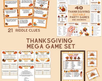 May include: Thanksgiving-themed game set with various printable games, including a scavenger hunt with 21 riddle clues, Friendly Feud, and a turkey name generator. The set includes editable party games and answers.