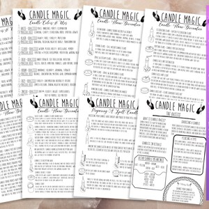 May include: A set of six black and white printable guides for candle magic. The guides cover candle colors and uses, candle flame divination, preparing a spell candle, the basics of candle magic, candle color meanings and magical uses, and candle spell and ritual basics. The guides also include instructions on how to prepare a spell candle.
