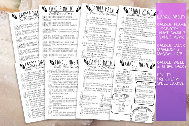 May include: A set of six black and white printable guides for candle magic. The guides cover candle colors and uses, candle flame divination, preparing a spell candle, the basics of candle magic, candle color meanings and magical uses, and candle spell and ritual basics. The guides also include instructions on how to prepare a spell candle.