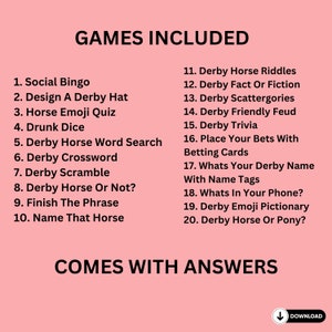 Fun 20 printable game bundle with answers to print and play at your Kentucky derby party for kids and adults, or seniors great for office or classroom parties.