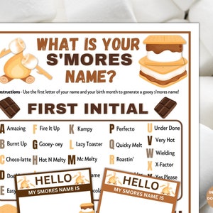 Printable Whats Your Smores Nametag Game | Camping Birthday Party Sign Activity | Summer Kids Adults Idea