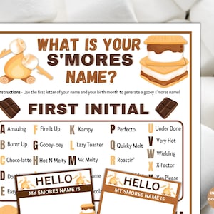 Printable Whats Your Smores Nametag Game | Camping Birthday Party Sign Activity | Summer Kids Adults Idea