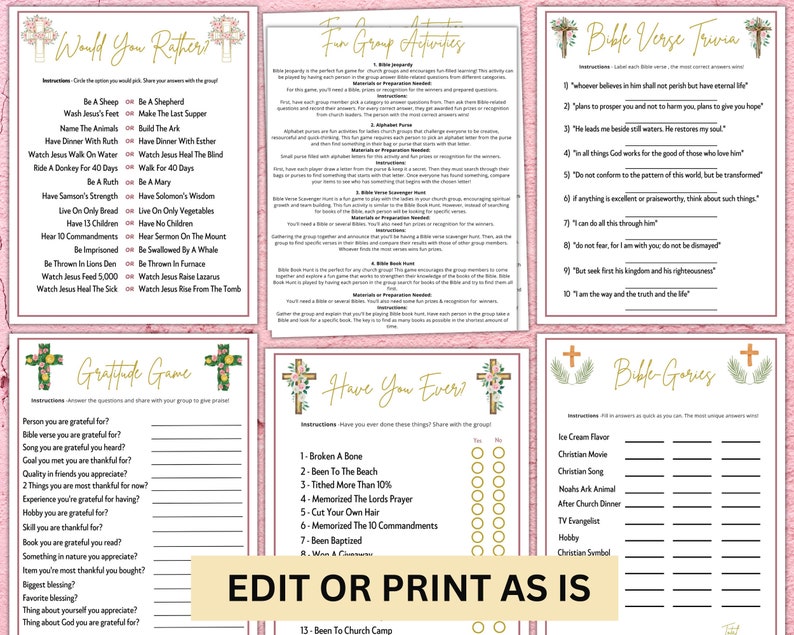 print from home editable womens ministry christian games