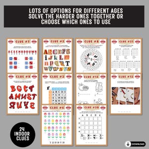 May include: A set of 24 printable indoor scavenger hunt clues for kids. The clues are designed for different ages and include a variety of puzzles, such as word searches, mazes, and code breaking.