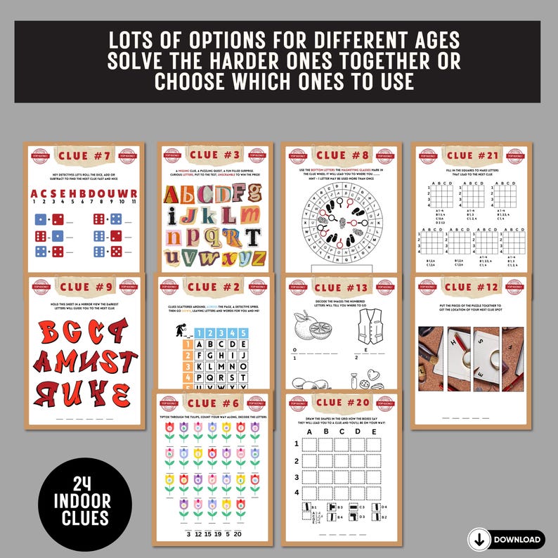 May include: A set of 24 printable indoor scavenger hunt clues for kids. The clues are designed for different ages and include a variety of puzzles, such as word searches, mazes, and code breaking.