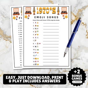 printable 1970s themed finish the song, find a guest who music icebreaker game, and 1970s emoji pictionary printable games with answers and Spotify playlist great for birthdays, seniors, church, classroom and baby showers or wedding showers.