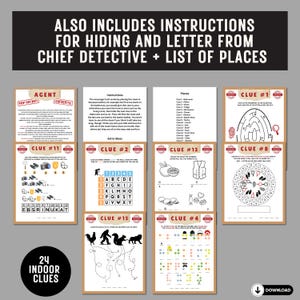 May include: A set of 24 printable indoor scavenger hunt clues for kids. The clues are printed on a brown background with a white border. The clues include a variety of puzzles, riddles, and mazes. The set also includes instructions for hiding the clues and a list of places to hide them.