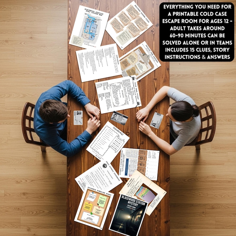 Detective train station murder mystery escape room printable cold case mystery game for teens & adults logic puzzle game night activity with 15  clues or puzzles, instructions, answers and certificate for win, great for ages 12 and up.