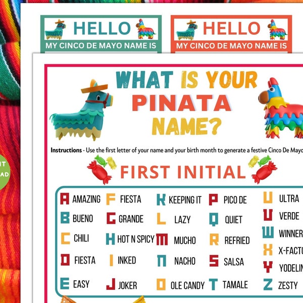 Printable Cinco De Mayo Whats Your Piñata Name Tag Game | Fun Quiz For Adults Kids | Classroom Idea |  Work Party Cute Cinco Activity