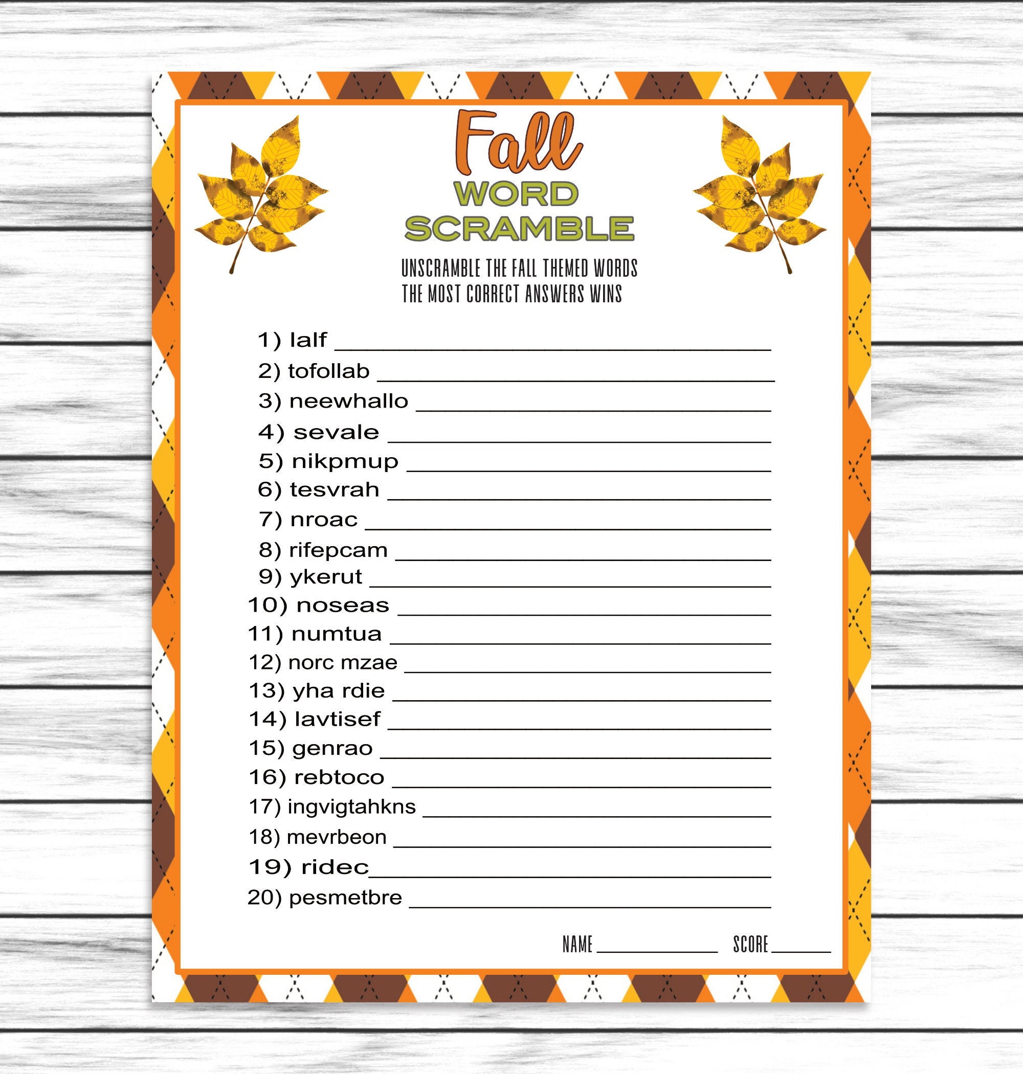 Fall Word Scramble Answers