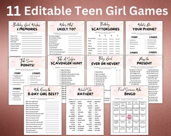 Pack de jeux d'anniversaire modifiables pour adolescentes | Quiz roses pour une fête d'anniversaire Sweet 16 | Idées d'activités d'anniversaire à imprimer pour elle