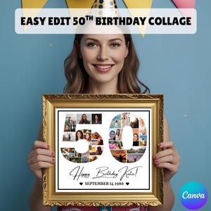 Editable 50th Birthday Photo Collage Printable Gift | 50th Bday DIY Photo Poster Gift Idea | Canva Template Party Decor