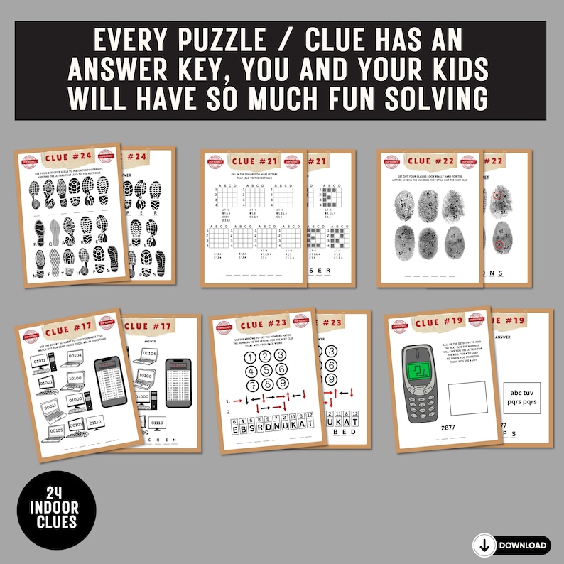 May include: A set of 24 printable indoor scavenger hunt clues for kids. Each clue has a puzzle or riddle with an answer key. The clues are numbered 17 through 24.