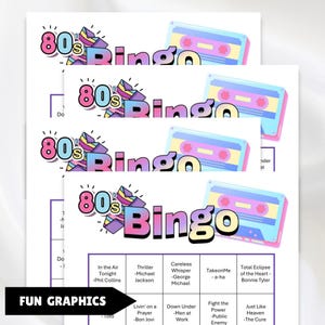 printable 1980s music party bingo cards 100 unique cards instructions and a Spotify music playlist all you have to do is print, and click on the link to set up the game, great for birthdays, 80s parties, senior centers retro parties and more 1980s greatest hits bingo!