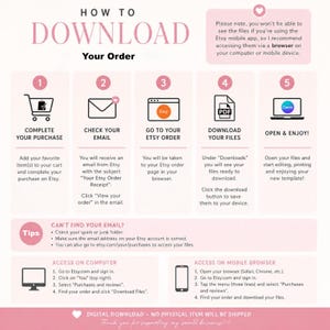 May include: Infographic titled "How to Download Your Order" with steps for Etsy digital purchases. Includes icons for cart, email, Etsy order, PDF, and a laptop. Instructions for computer and mobile browser access are also provided.