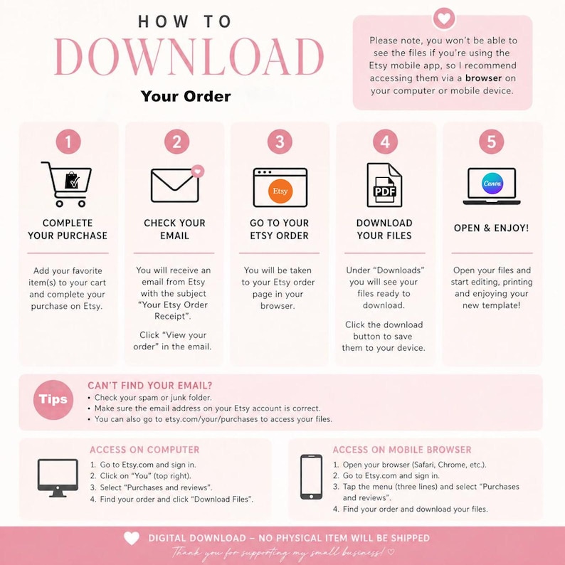 May include: Infographic titled "How to Download Your Order" with steps for Etsy digital purchases. Includes icons for cart, email, Etsy order, PDF, and a laptop. Instructions for computer and mobile browser access are also provided.