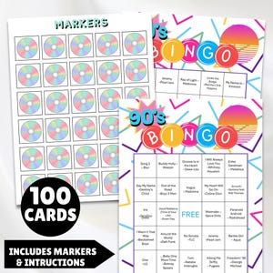 100 printable 1990s music greatest hits bingo cards with a linked Spotify playlist, simply print the cards, open the playlist link and you're ready to party and sing along to the hits from the 90s great for birthdays, seniors, theme parties, church events, office parties and gatherings.