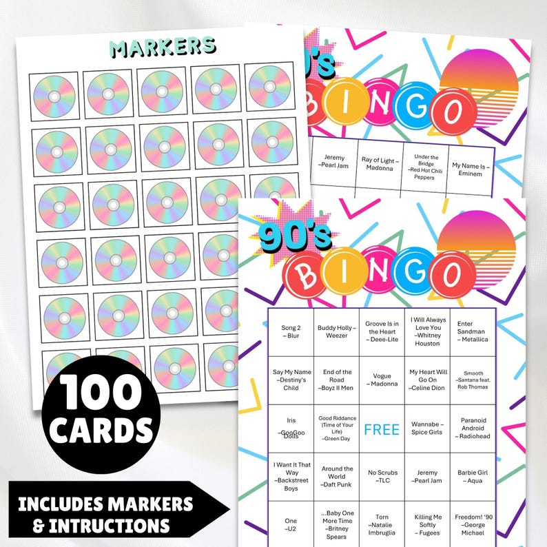 100 printable 1990s music greatest hits bingo cards with a linked Spotify playlist, simply print the cards, open the playlist link and you're ready to party and sing along to the hits from the 90s great for birthdays, seniors, theme parties, church events, office parties and gatherings.