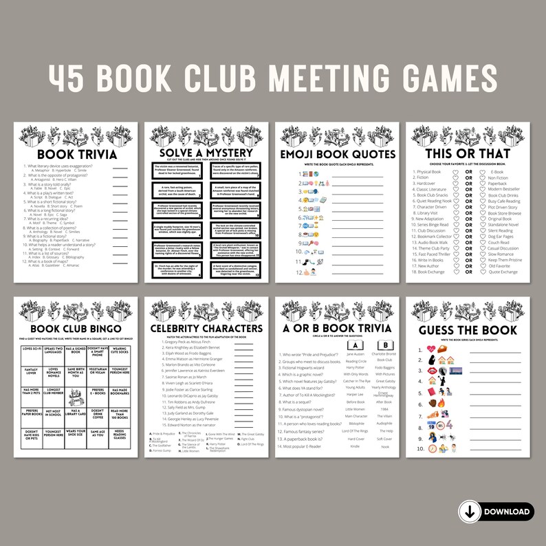 Printable book club meeting game bundle games and answers for reading party bookclub trivia for adults and kids