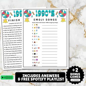 printable 1990s themed finish the song, find a guest who music icebreaker game, and 1990s emoji pictionary printable games with answers and Spotify playlist great for birthdays, seniors, church, classroom and baby showers or wedding showers.