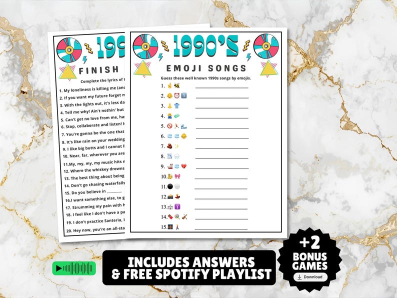 printable 1990s themed finish the song, find a guest who music icebreaker game, and 1990s emoji pictionary printable games with answers and Spotify playlist great for birthdays, seniors, church, classroom and baby showers or wedding showers.