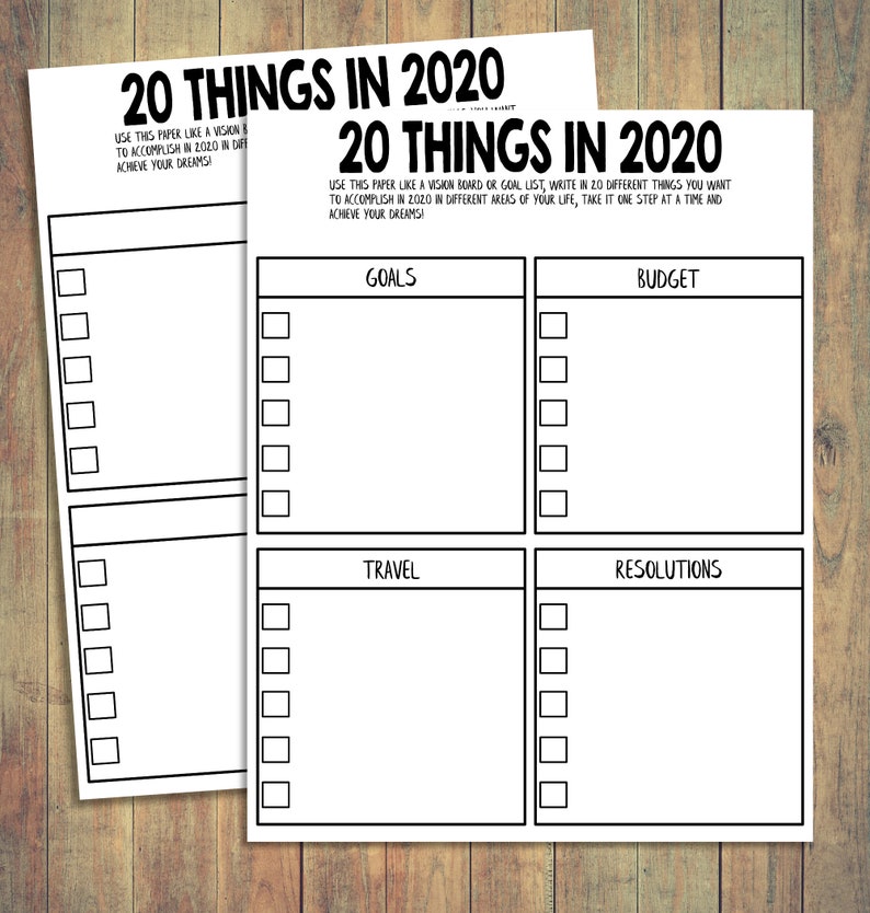 20 Things in 2020 2020 Goals Resolutions Worksheet 2020 Etsy