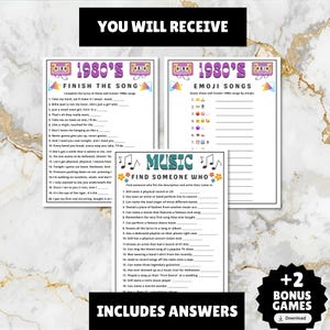 printable 1980s themed finish the song, find a guest who music icebreaker game, and 1980s emoji pictionary printable games with answers and Spotify playlist great for birthdays, seniors, church, classroom and baby showers or wedding showers.