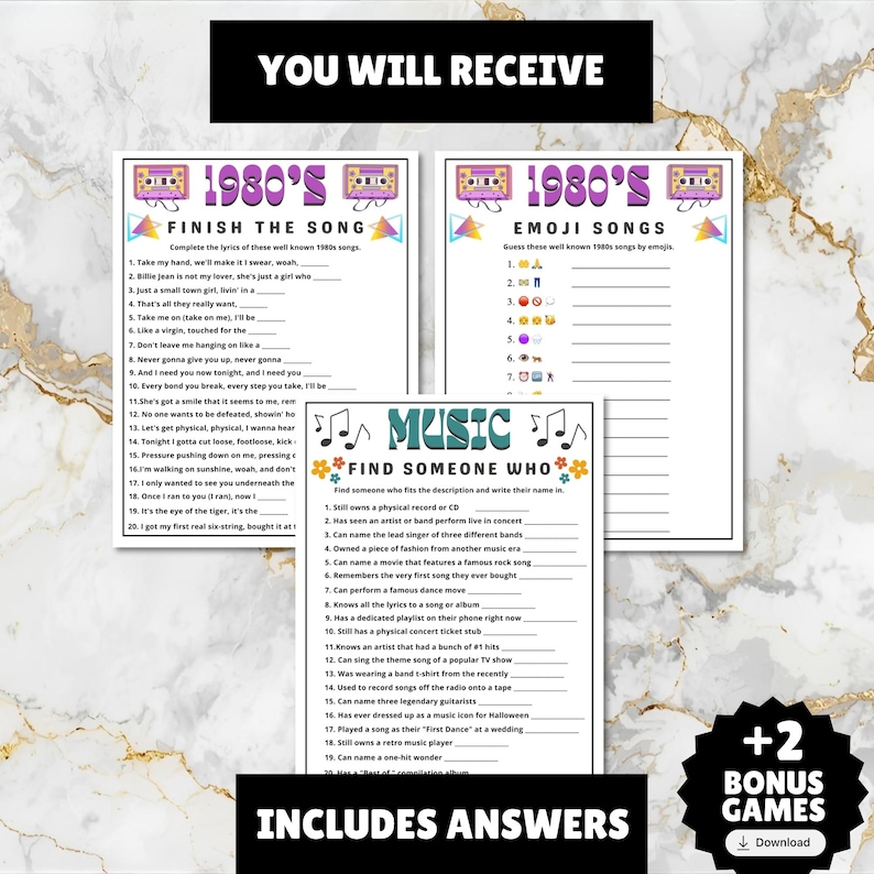 printable 1980s themed finish the song, find a guest who music icebreaker game, and 1980s emoji pictionary printable games with answers and Spotify playlist great for birthdays, seniors, church, classroom and baby showers or wedding showers.